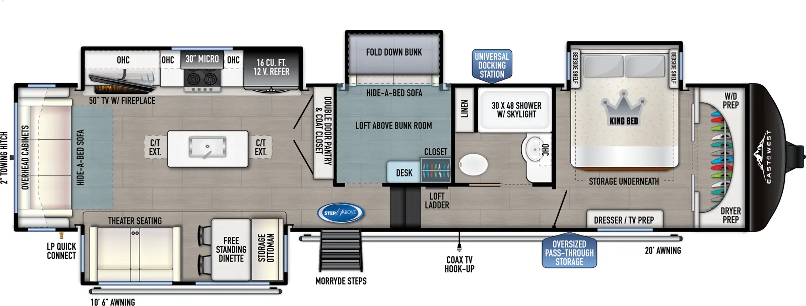 The 385MB has 4 slideouts and one entry. Exterior features an oversized pass through storage, universal docking station, MORryde steps, coax TV hookup, 10 foot 6 inch awning and 20 foot awning, LP quick connect, and 2 inch towing hitch. Interior layout front to back: front closet with washer/dryer prep, off-door side king bed slideout with storage underneath, and door side dresser with TV prep; off-door side full bathroom with overhead cabinet, linen closet, and shower with skylight; ladder to loft area over mid bunk room; steps down to main living area and entry; mid bunk room with off-door side slideout with fold-down bunk above hide-a-bed sofa, and desk and closet along inner wall; double door pantry and coat closet along inner wall; off-door side slideout with 12V refrigerator, overhead cabinet, microwave, cooktop, and TV with fireplace; kitchen island with sink and extensions; door side slideout with free-standing dinette with storage ottoman, and theater seating; rear hide-a-bed sofa and overhead cabinet.